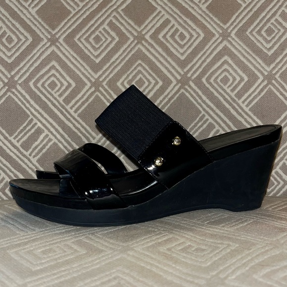 Ralph Lauren Shiny Black Strap Wedge Sandal 8.5